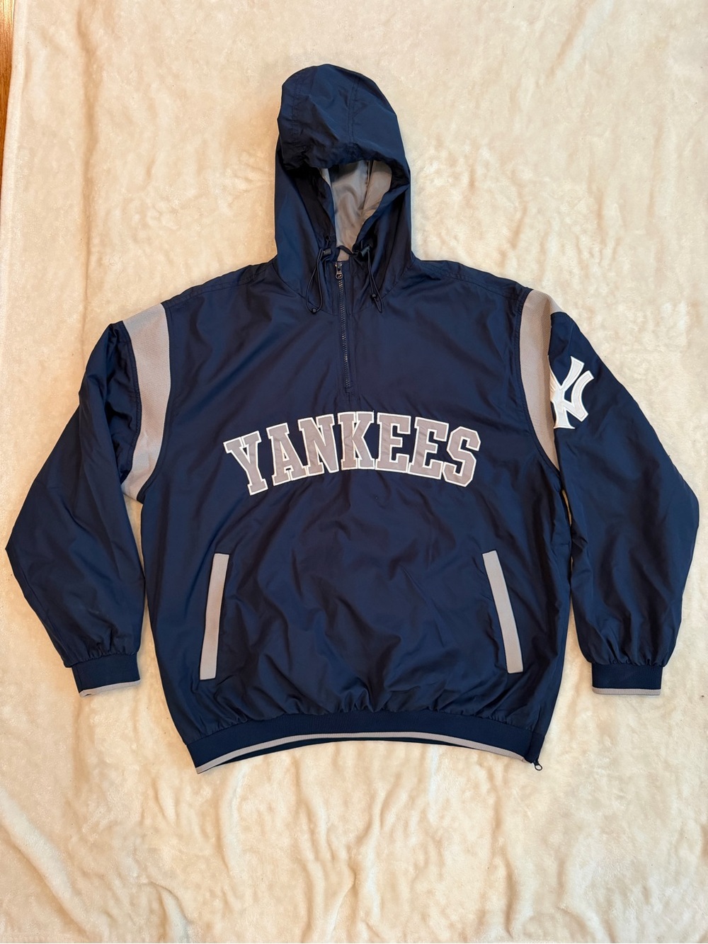 Y2K New York Yankees Navy Hooded Windbreaker with Gray Accents
